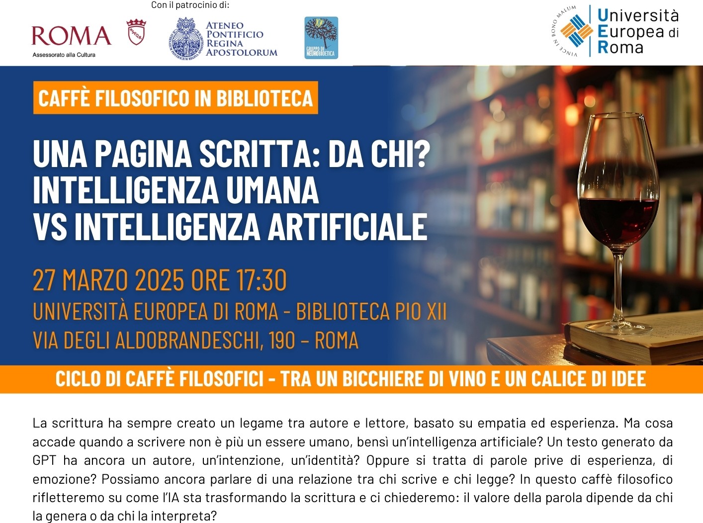 Caffè filosofico: “Una pagina scritta, da chi? Intelligenza umana vs intelligenza artificiale” – 27 marzo